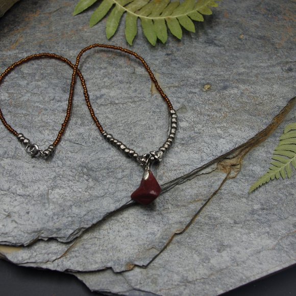 Earthy Red Jasper Pendant with Beaded Chain - Picture 3 of 5